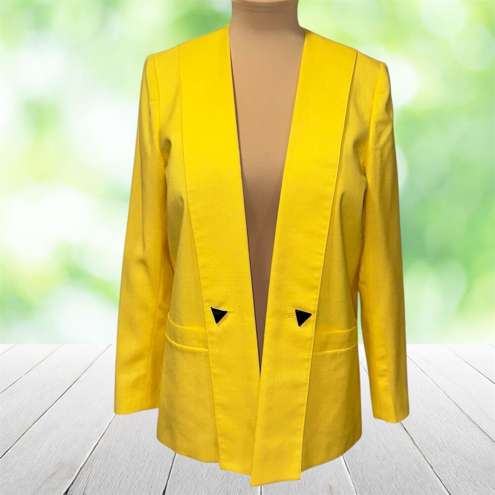 Vintage 80s SASSON Longline Blazer Open Front Bright Yellow Power Dressing Sz S